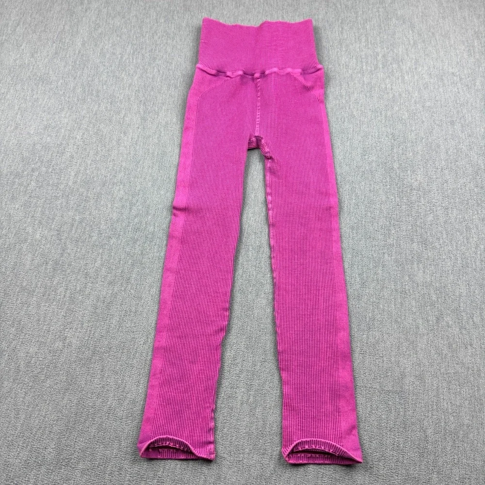 Free People FP Movement Leggings Womens XS Pink Ribbed Seamless High Rise Gym‎